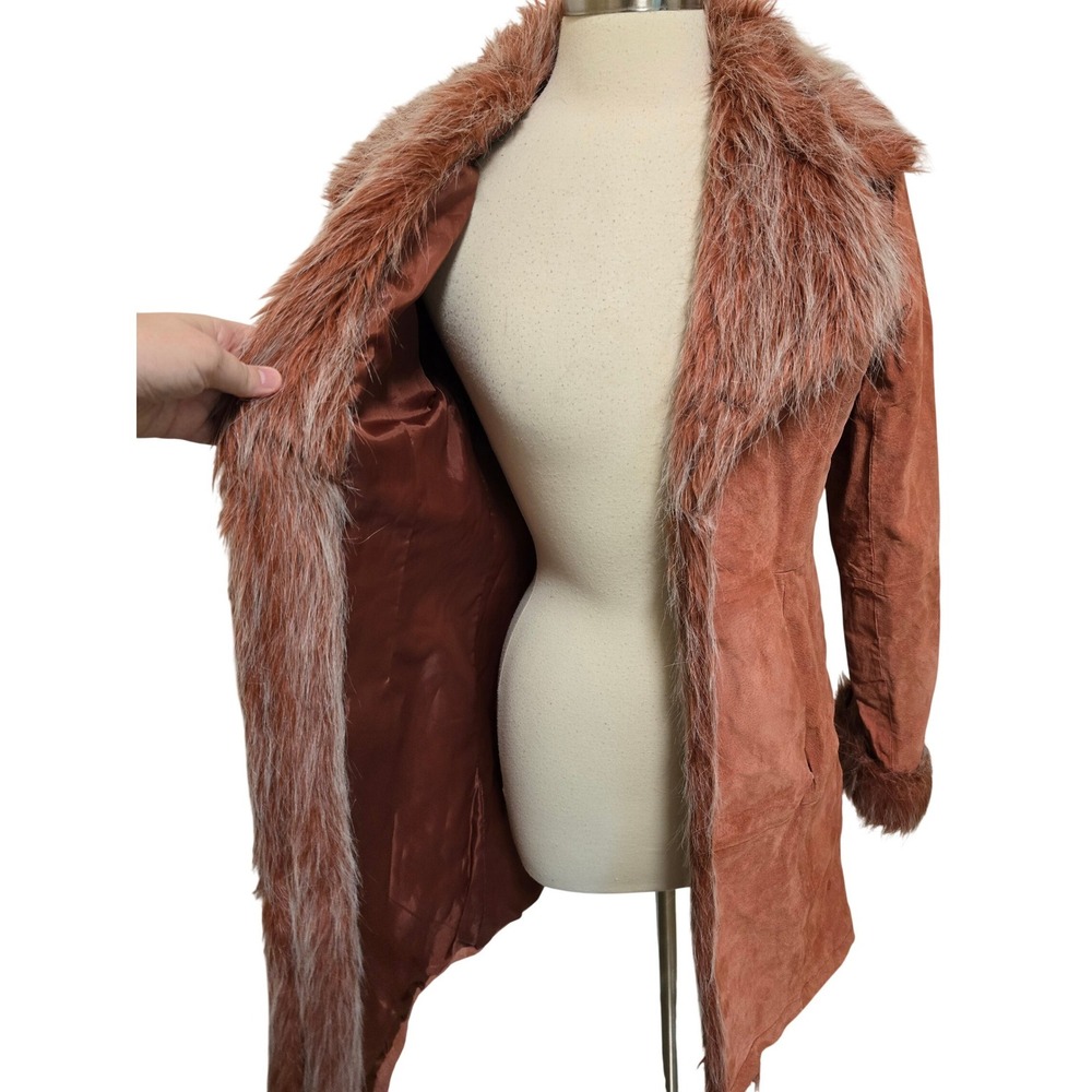 Y2K Vintage Suede Penny Lane Coat Faux Fur Trim Rust Orange Boho Jacket Medium - Picture 4 of 9